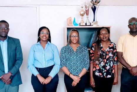March 1, 2023:  Department of Journalism and Mass Communication (DOJMC) Chair Dr. Silas Oriaso receives Communication Authority (CA) representatives Ms. Namara Sande (2nd from left) and Ms. Laura Kang'ethe (3rd from left) for the CA's routine inspection of the University of Nairobi UNC Studios. Dr. Oriaso was accompanied by Mr. Fred Ogutu, Acting UNC Studio Manager and Ms. Wendy Cherono DOJMC Administrator.